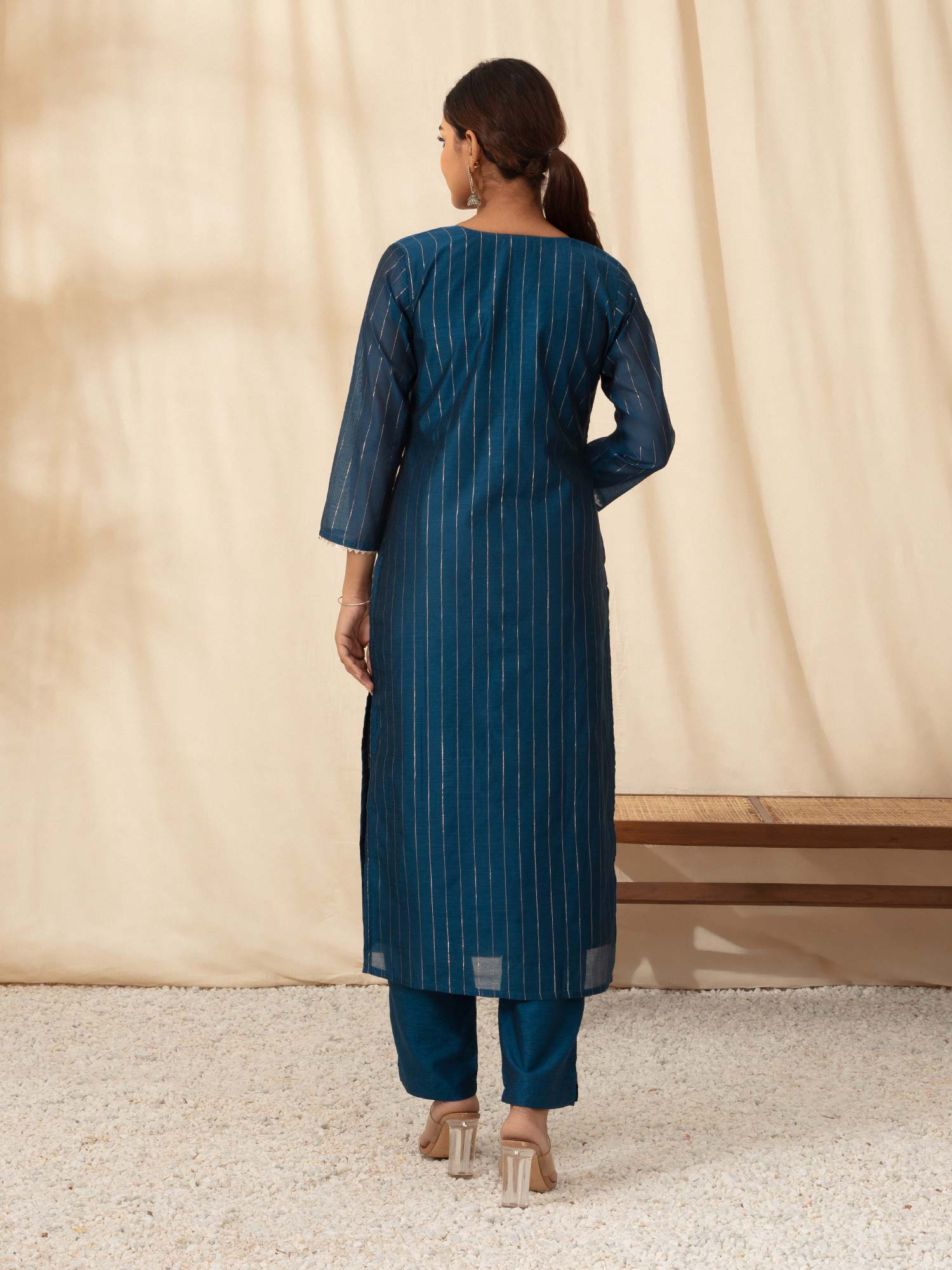 Likha Navy Embroidered Yoke Neck Lurex Kurta Pant Dupatta Set LIKSKD82 (Set of 3)