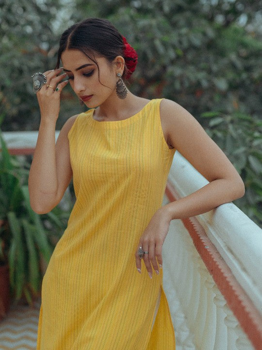 Anayna Women Yellow Pure Cotton Kantha Work Striped Kurta