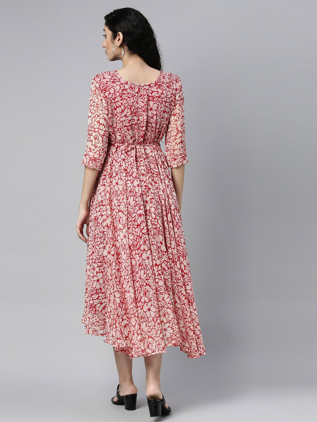 Souchii White & Red Floral Layered Chiffon Beautiful Midi Dress