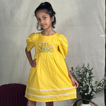 ArthLife Yellow Flower Embroidered Dress