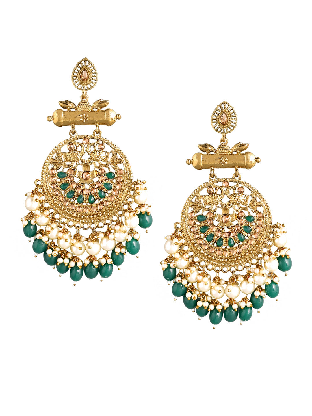Yellow Chimes Gold-Polished & Green Circular Drop Earrings