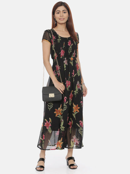 Souchii Round Neck Floral Printed Chiffon Maxi Dress