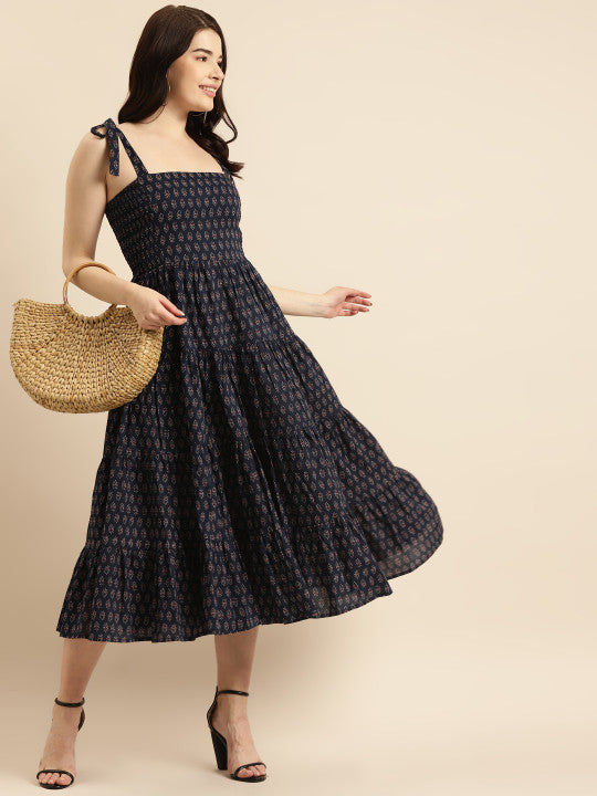 Anayna Navy Blue & Maroon Ethnic Motifs Ethnic Midi Dress