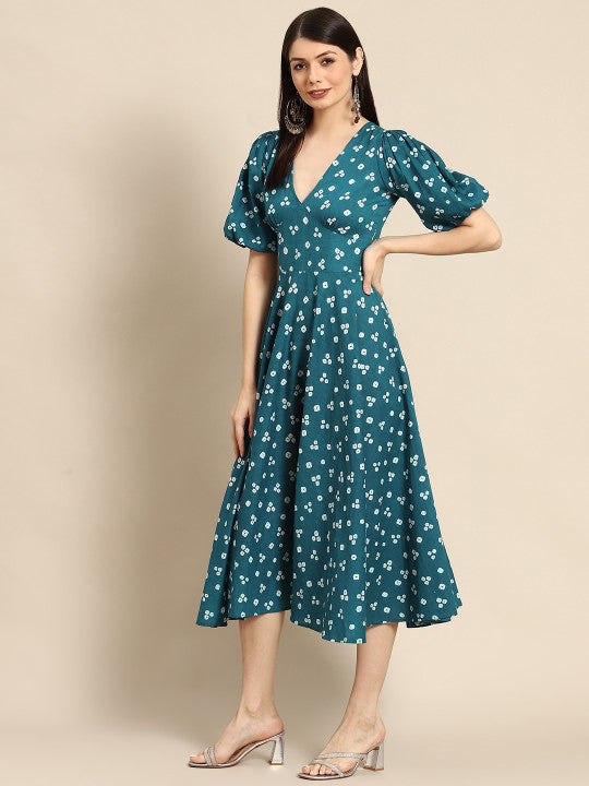 Anayna Teal Green & White Bandhani Printed Pure Cotton A-Line Midi Dress
