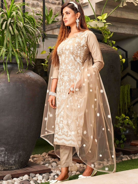 Tikhi Imli Floral Embroidered Chikankari Pure Cotton Kurta with Trousers & Dupatta