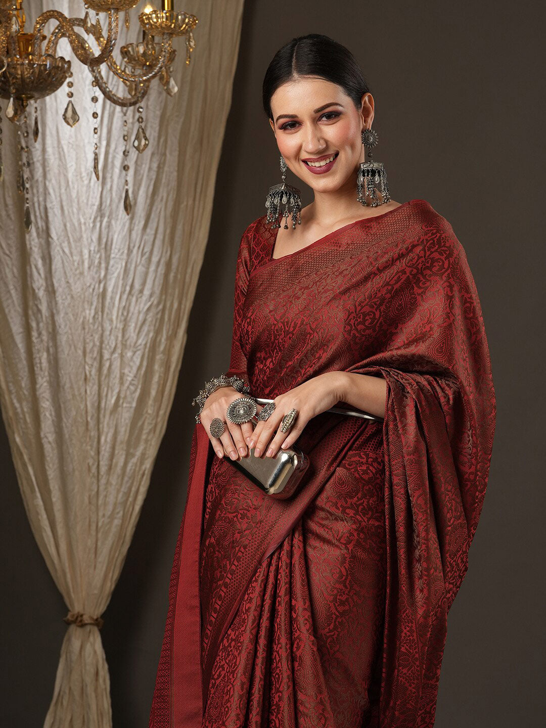 Saree Mall Maroon Woven Design Zari Silk Blend Banarasi Sarees