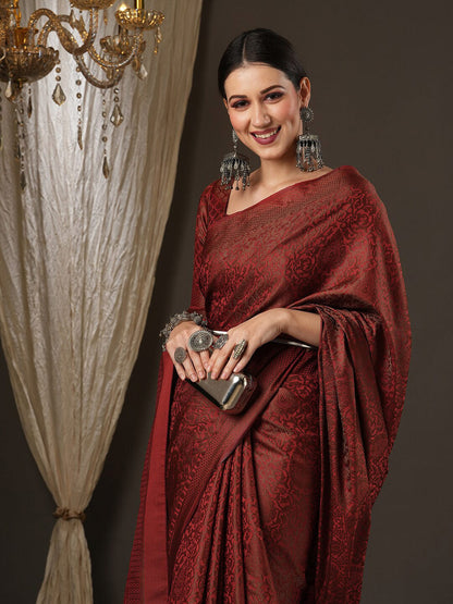 Saree Mall Maroon Woven Design Zari Silk Blend Banarasi Sarees