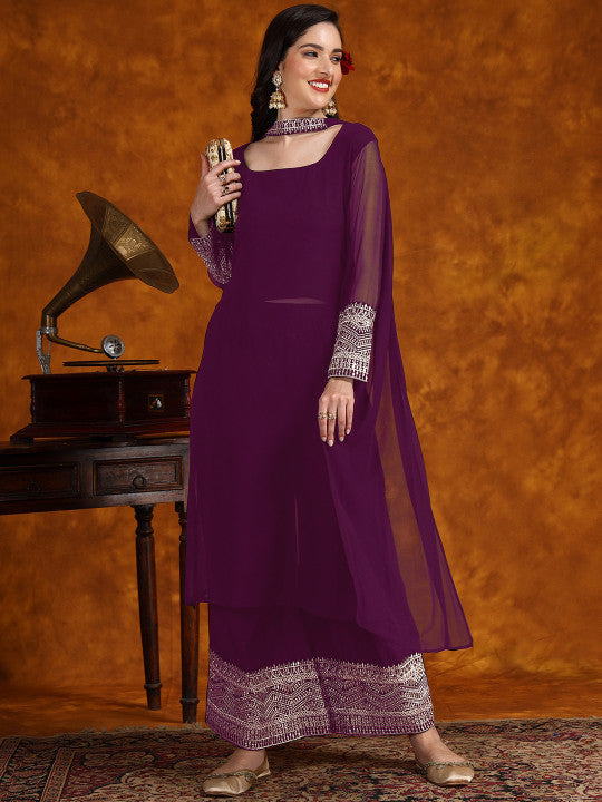 Sangria Embroidery Georgette Kurta Palazzo With Dupatta Set