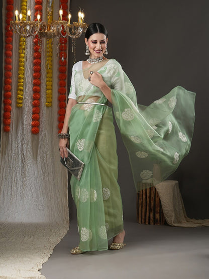 Saree Mall Olive Green & White Paisley Embroidered Organza Banarasi Sarees