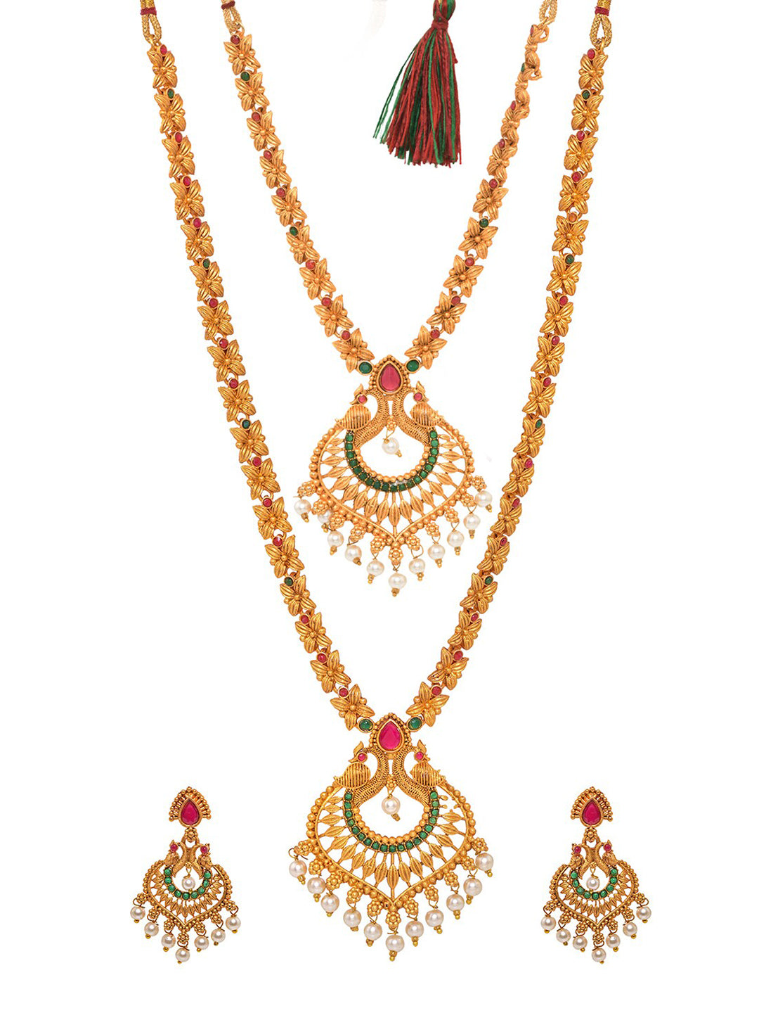 Saraf RS Jewellery Gold-Polished Red & Green Bridal Temple Jewellery Set