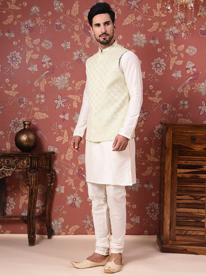 House of Pataudi Straight Kurta With Churidar & Embroidered Nehru Jacket