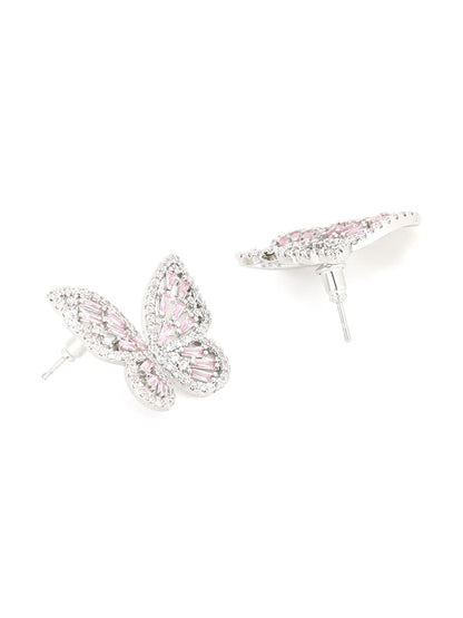Yellow Chimes Silver-Toned & Pink Quirky Butterfly Studs Earrings