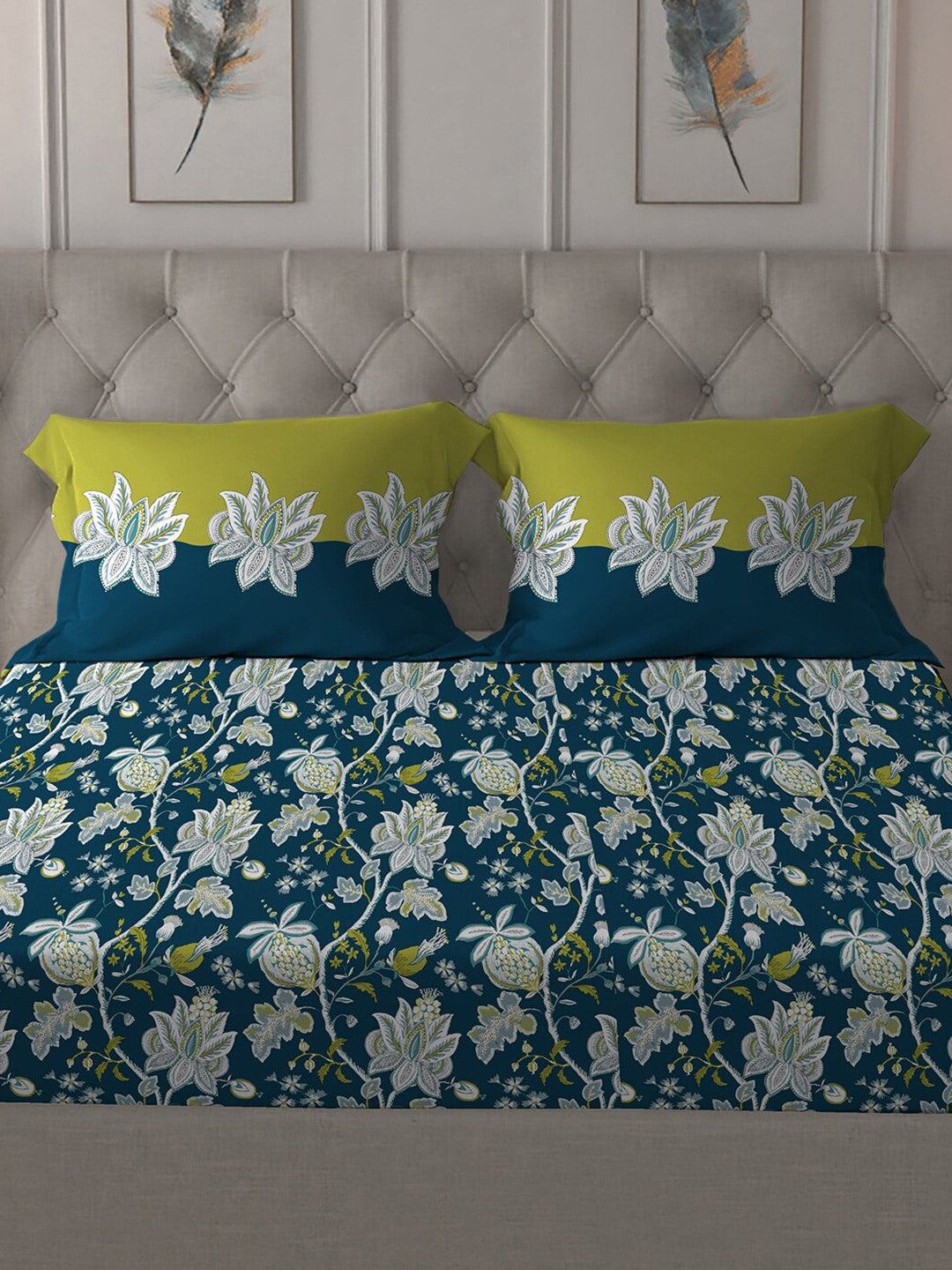 MYTRIDENT Blue White Floral Cotton 144 TC Queen Bedsheet With 2 Pillow Covers