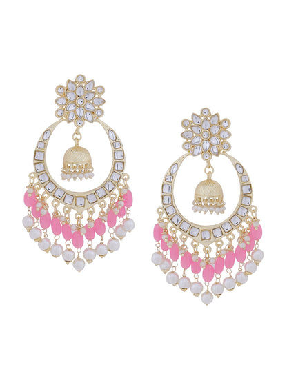 Shoshaa Pink & Gold-Toned Contemporary Kundan Drop Earrings With Pearls