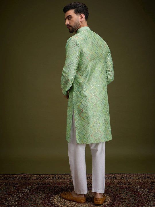 Anouk Green Chevron Embroidered Gotta Patti Mandarin Collar Pure Cotton Straight Kurta