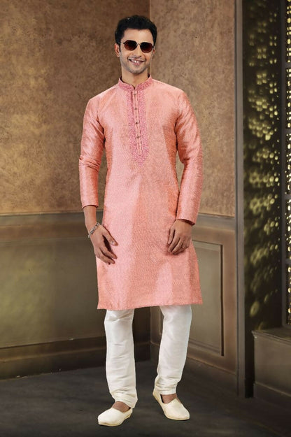 Raivat Ethnic Jacquard Banarasi Silk Thread Work Kurta Pajama In Dark Pink Colour