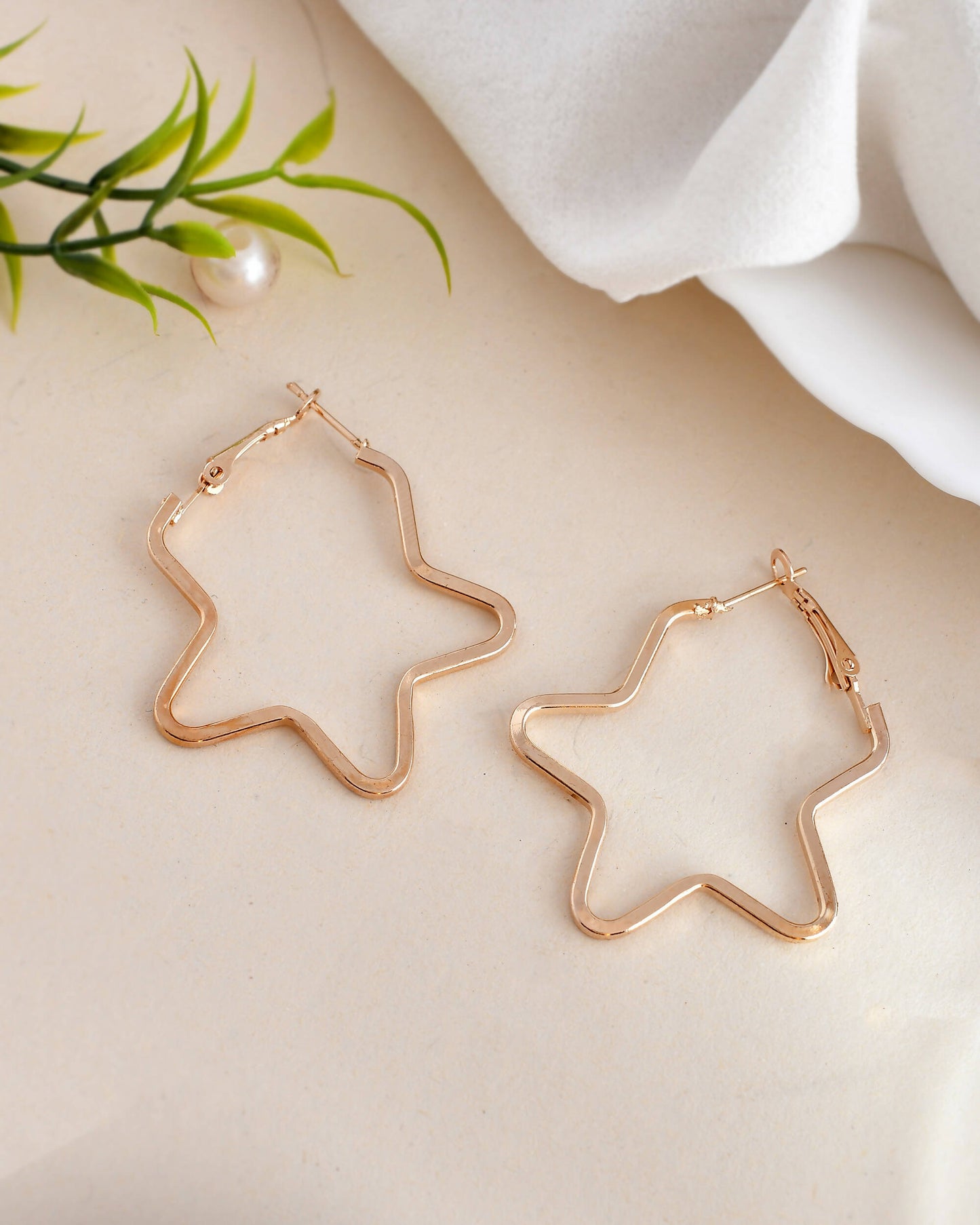 VOJ Women Gold Tonned Star Shape Hoop Stainless Steel Earrings