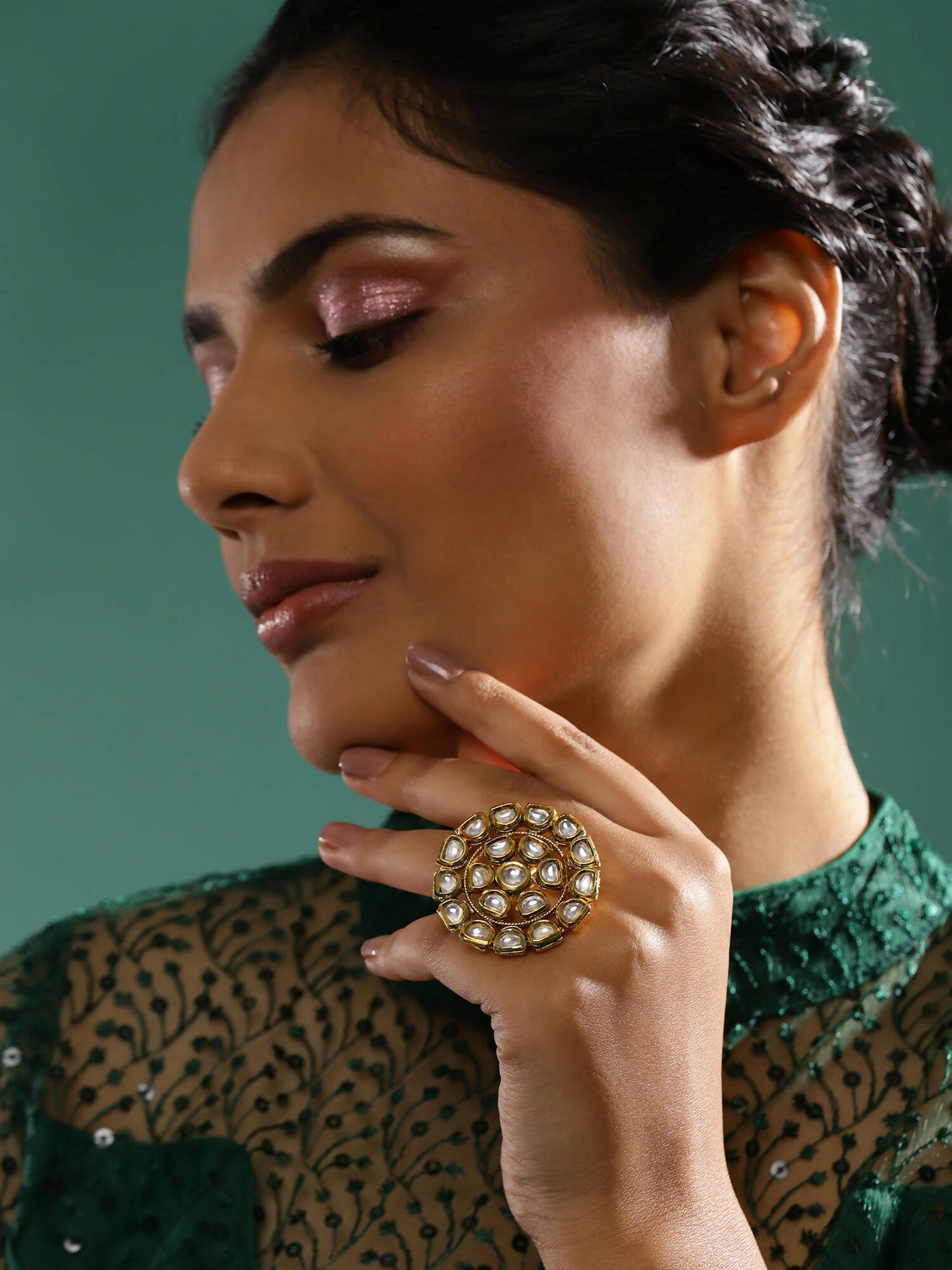 Gold-Polished White Kundan Studded Adjustable Finger Ring - Ruby Raang