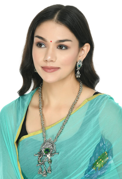 Mominos Fashion Johar Kamal Oxidised Silver-Plated Brass Finish Bansuri Long Necklace For Women (Silver)