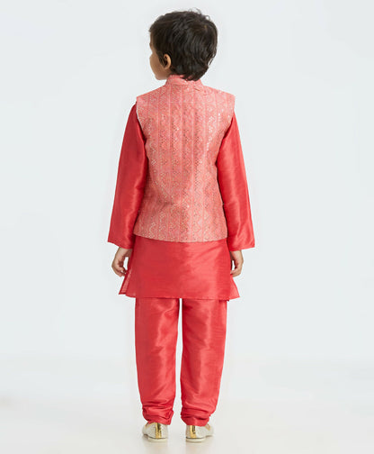 Joban Fashion Kids Island Sequence work Nehru Jacket Full Sleeves Kurta, Pajama Set - Tomato Red