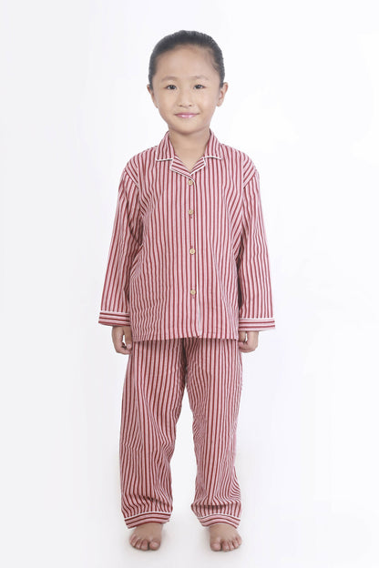 Breathables Kids Cotton Night Suit – Red & White Striped Shirt & Pyjama Co-Ord Set For Boys & Girls