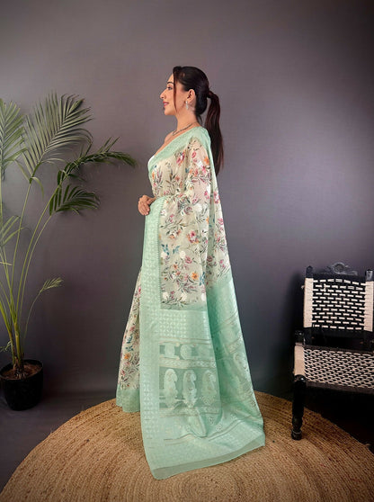 Joban Fashion Cyan Blue Floral Motifs Banarasi Silk Sarees