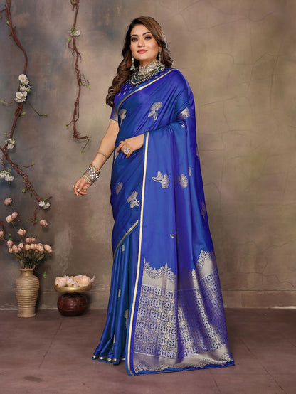Joban Fashion Blue Floral Motifs Banarasi Silk Sarees