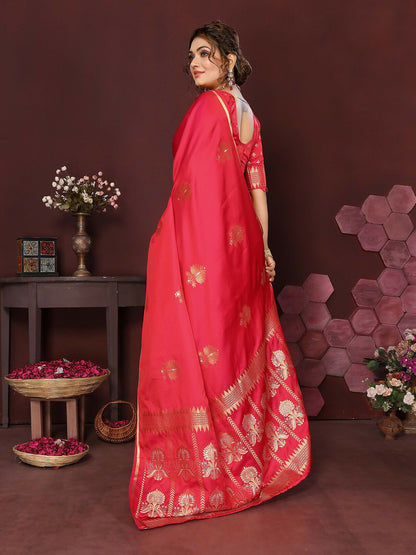 Joban Fashion Reddish-Pink Floral Motifs Banarasi Silk Sarees