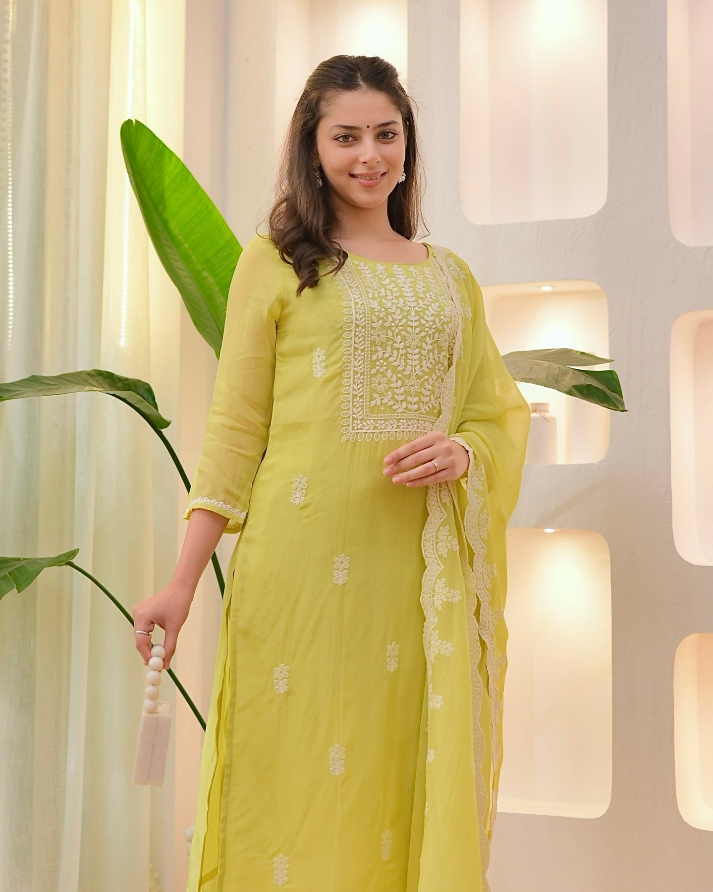 The52 Lemons Women's Beautiful Chikankari Work Chanderi Fabric Straight Kurta Pant and Dupatta Set