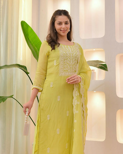 The52 Lemons Women's Beautiful Chikankari Work Chanderi Fabric Straight Kurta Pant and Dupatta Set