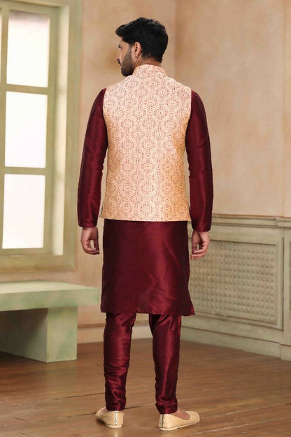 Raivat Ethnic Jacquard Banarasi Silk Woven Work 3 Pics Jacket Set In Beige Maroon Colour