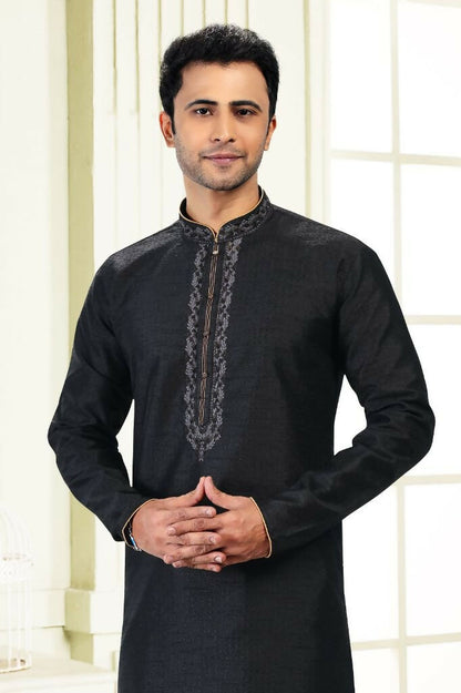 Raivat Ethnic Jacquard Banarasi Silk Thread Work Kurta Pajama In Black Colour