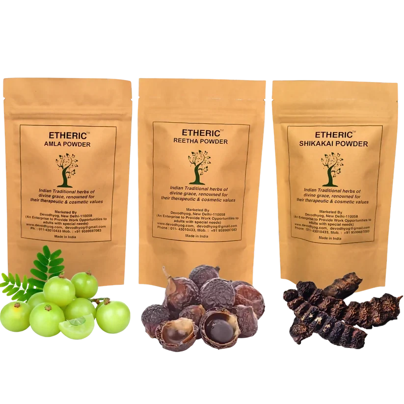 Etheric Amla Reetha Shikakai Powder Combo – Organic Herbal Hair Wash & Hair Growth