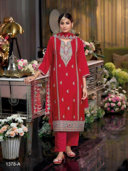 Anaita Red Heavy Chinon Readymade Suit with Embroidery & Sequence Work