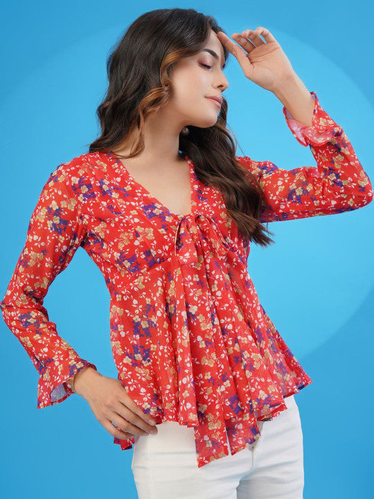 Sangria Red Floral Printed V-Neck Bell Sleeve Georgette A-Line Top