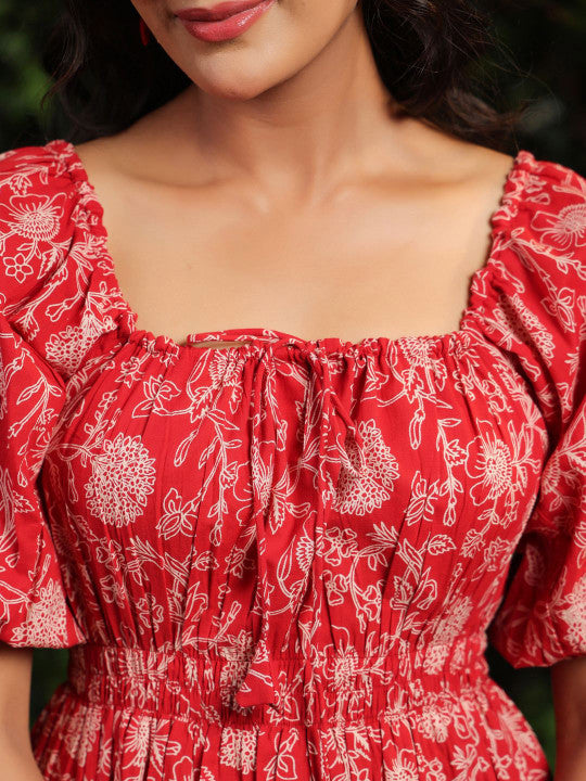 Anayna Floral Printed Cotton Tie-Ups Detail Maxi Ethnic Dress
