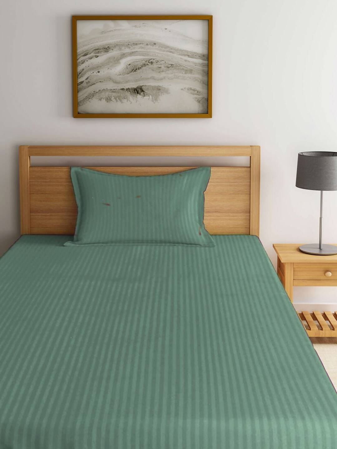 KLOTTHE Green Striped 210 TC Bedsheet with Pillow Covers