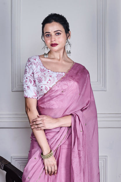 Morchari Purple Chiffon Hand Embroidery Saree And Stitched Blouse