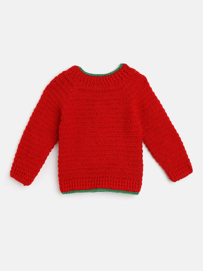 Chutput Kids Woollen Hand Knitted Full Sleeves Snowman Detail Sweater For Baby Boys With Cap - Red