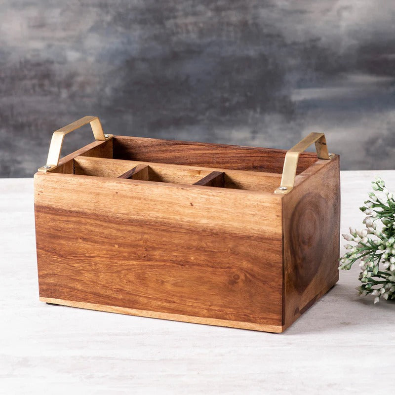 Nestroots Inseparables Teak Wood Cutlery Holder Small Gold Handle Classic