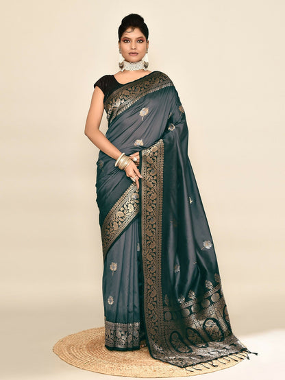Joban Fashion Grey & Black Plain With Weaving Border Banarasi Silk Sarees
