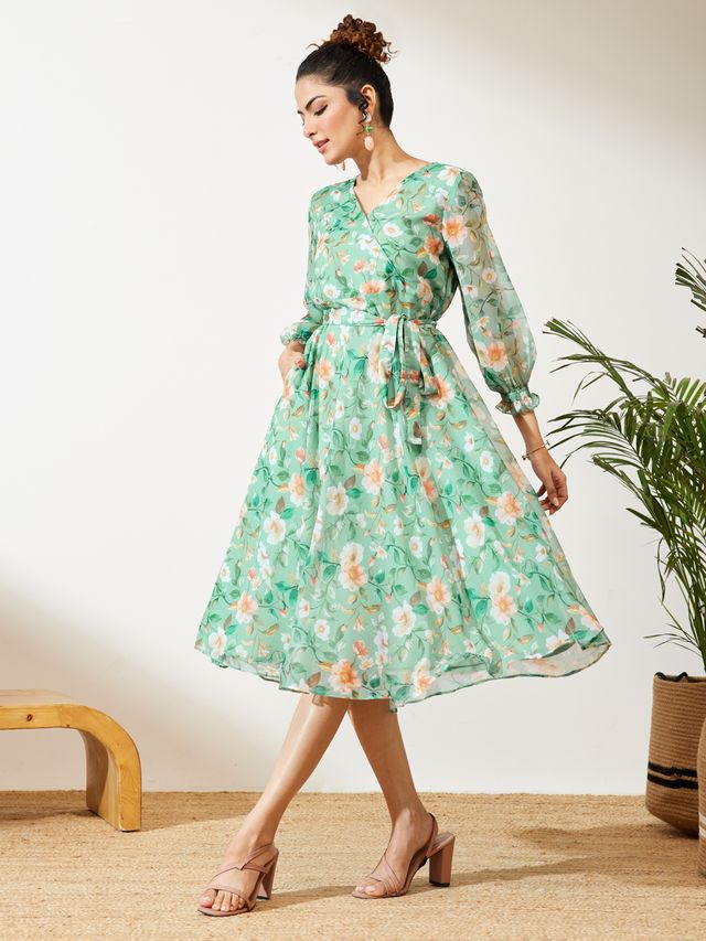 Janasya Mint Fit & Flare Chiffon Dress