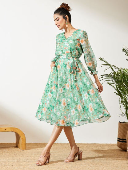Janasya Mint Fit & Flare Chiffon Dress