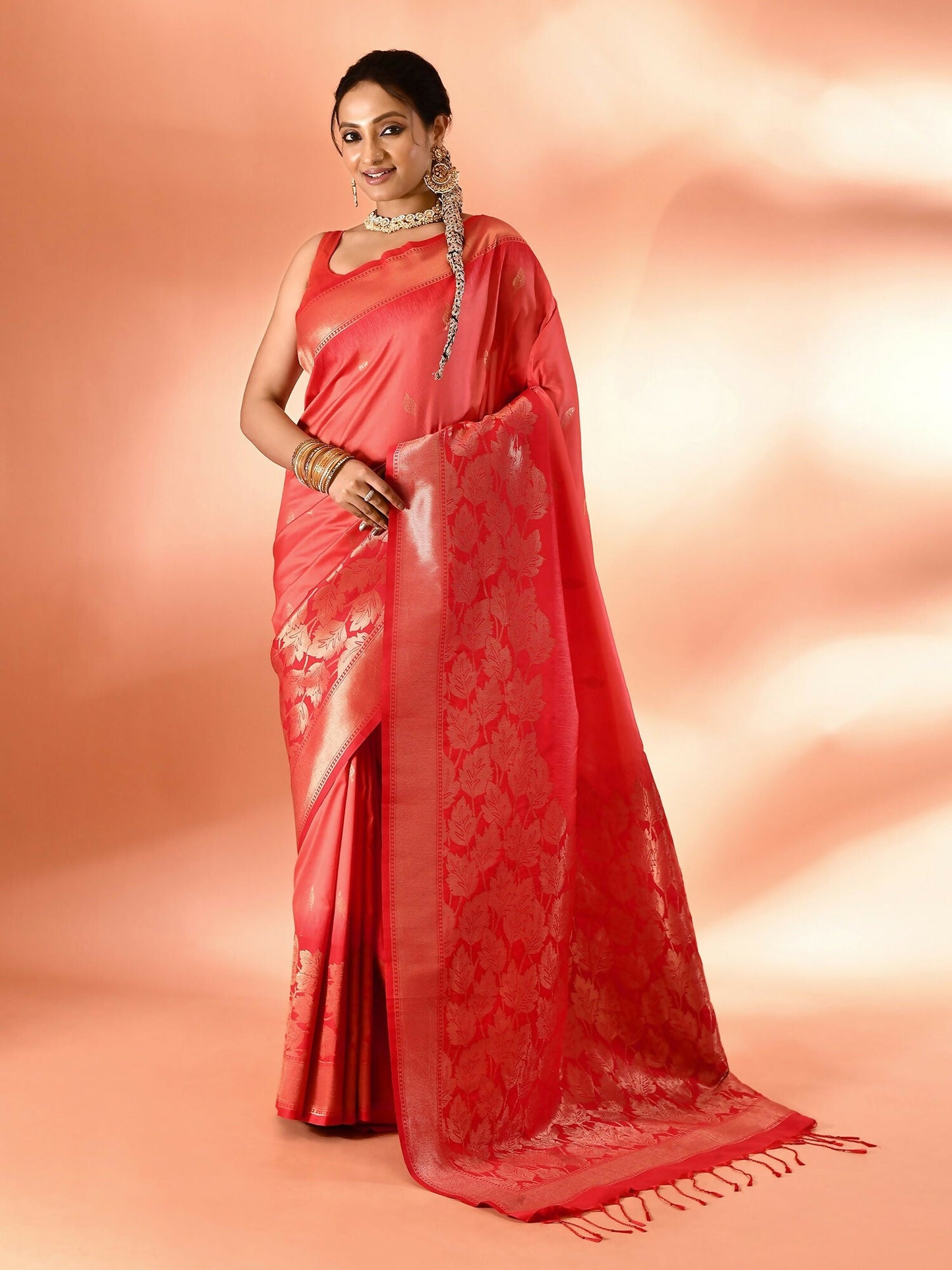 Joban Fashion Peach & Red Plain With Weaving Border Banarasi Silk Sarees