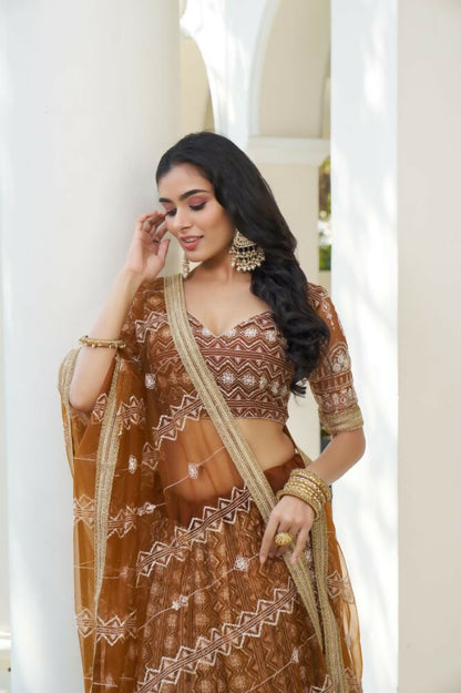 Aastha Fashion Brown Butterfly Net White Cotton Thread Work And Sequence Work Embroidery Wedding Wear Lehenga Choli