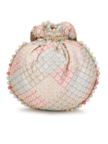 Off White and Pastel Multi Sequin Embroidered Faux Silk Potli Bag