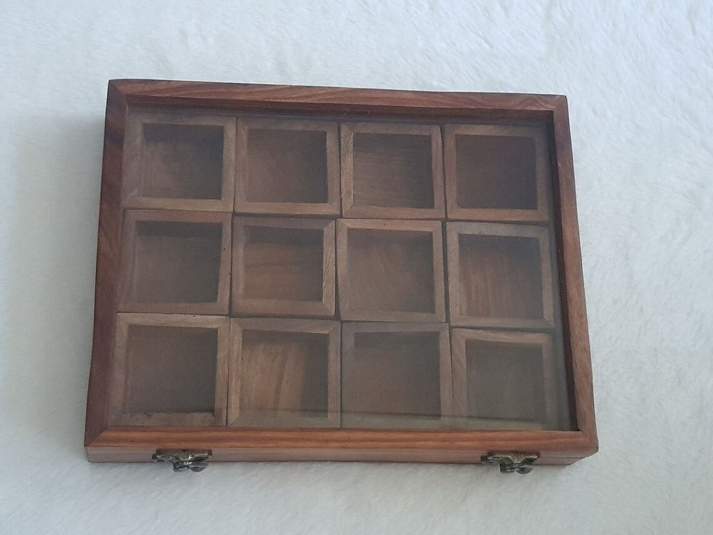 Wooden Multi-Compartment Storage Box Multipurpose Table Top Glass Lid on Top Box Spice box Dry Fruit Box