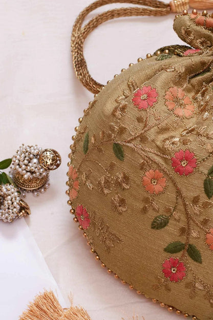 Embroidered poly silk drawstring pouch bag, wedding potli,Valentines gift