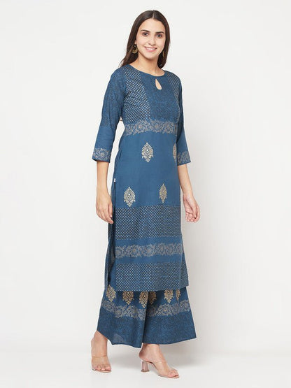 Aniyah Rayon Block Print Blue Straight Kurta Palazzo Set