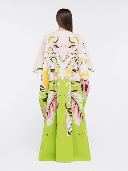Trending Free Size Crepe Silk Beach Kaftan Green Off-White J5692